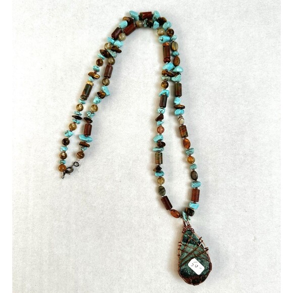 Natural Stone & Copper Pendant Necklace Handmade w Tigers Eye & Turquoise Beads - Picture 4 of 9